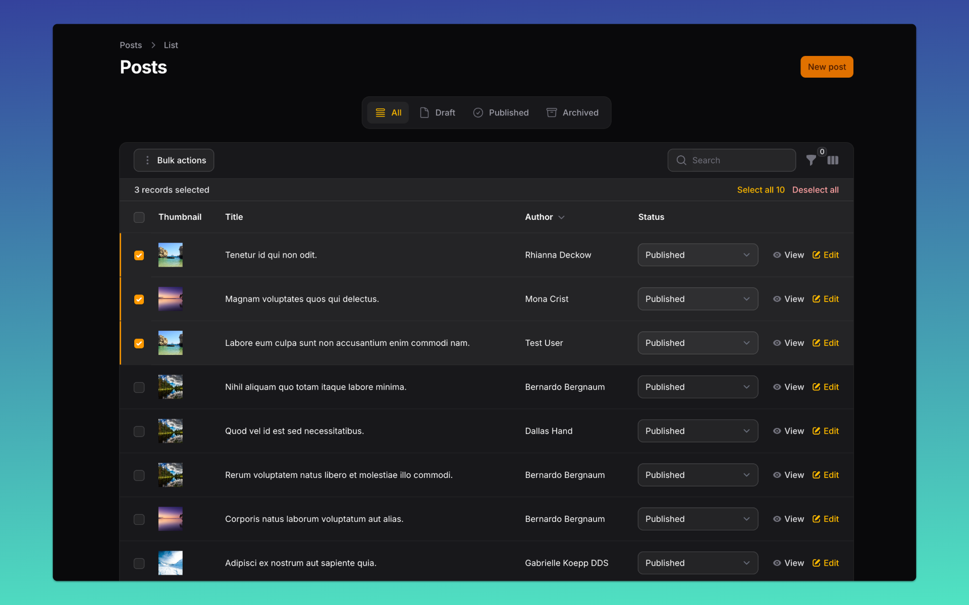 Pre-selecting rows in tables