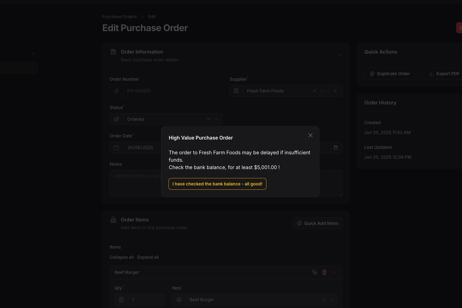 Show a Modal with Custom Content, if necessary, after Create / Edit
