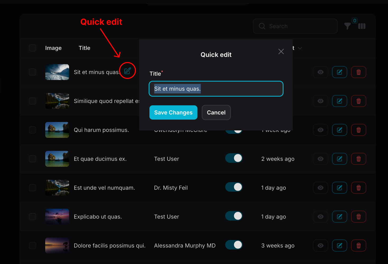 Custom table column with inline action